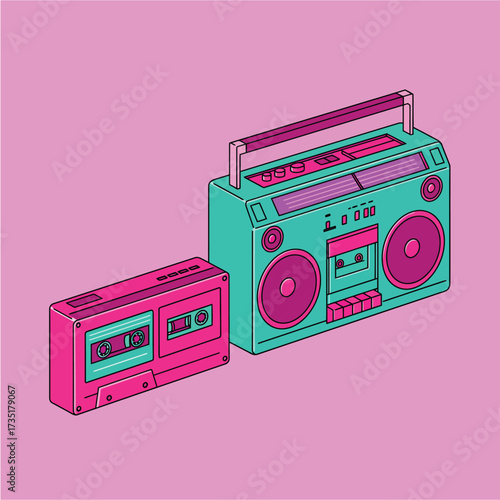 A vibrant retro illustration of a turquoise boombox and a pink audio cassette tape on a pink background.