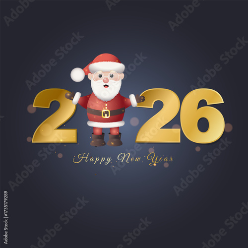 Cute Santa holds 2026 in golden numbers. Festive, New Year design on dark background with bokeh. Ideal for holiday cards and promotions.