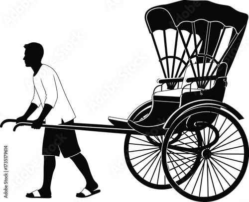 Hand pulled rickshaw vector illustration black and white