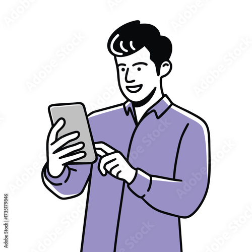 A man with dark hair wearing a purple collared shirt and grey pants stands with his hands on his hips.