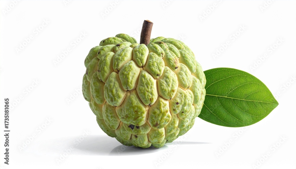 Fototapeta premium Describe a cherimoya fruit with green scaly skin and two attached leaves on a white background. Highlight its bumpy texture, tropical origin, and visual uniqueness for food or botanical use.