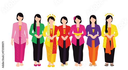 Seven Women in Traditional Attire, Colorful Background, Illustration, Festive Vibe