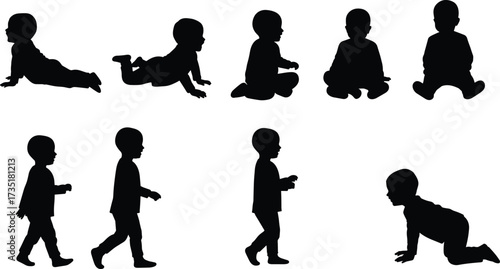 Baby growth stages silhouette, crawling, sitting, standing, walking child vector, infant development posture illustration, toddler learning movement, isolated black outline design