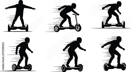 Hoverboard and scooter riders silhouette, personal transport motion, futuristic city commuting, self-balancing electric board, modern lifestyle, fast moving urban mobility illustrationHoverboard and  