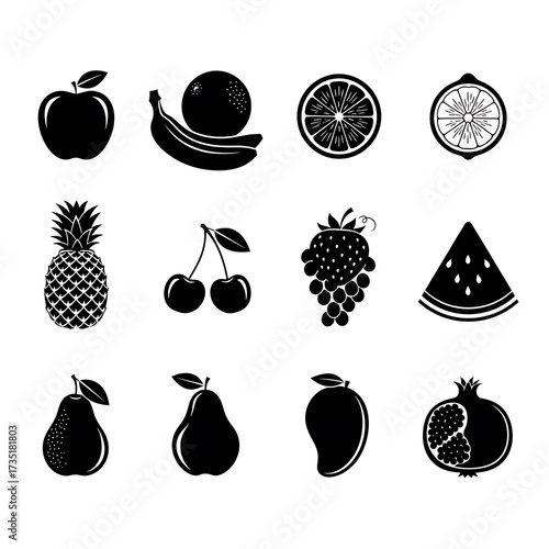 Collection of twelve different fruits in a black and white sketch style