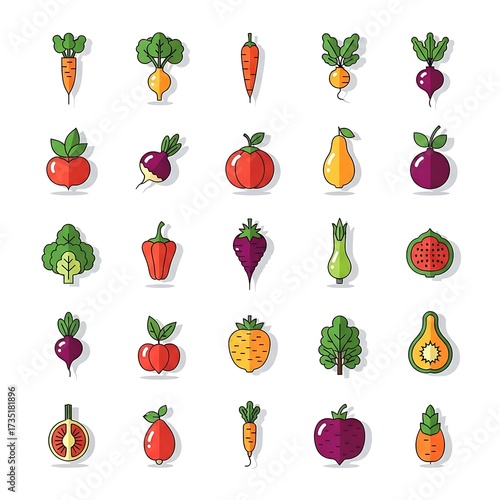 Collection of colorful stylized vegetables arranged in a grid pattern