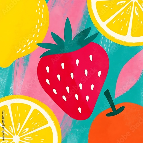Vibrant close up of fresh strawberries and citrus slices with colorful background