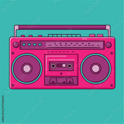 A vibrant pink retro boombox with a cassette tape and speakers, set against a teal background, evoking a nostalgic musical era.