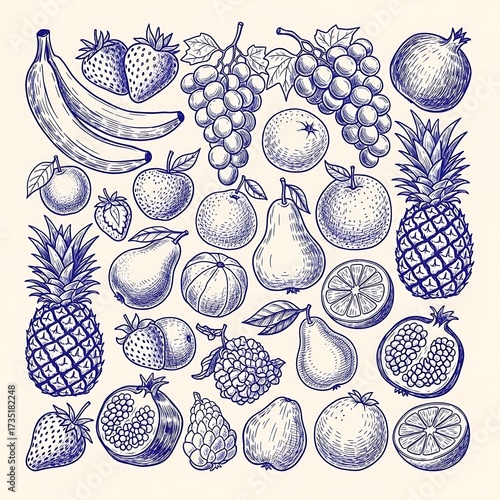 Artistic sketch of various fruits in blue ink on a cream background