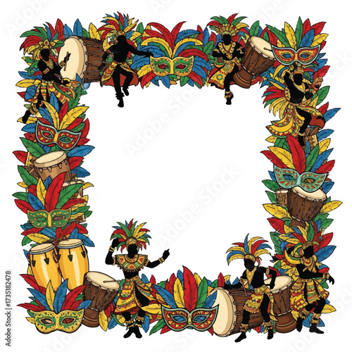 Festive carnival frame featuring dancing figures, drums, colorful feathers, and masks.