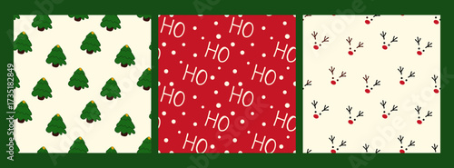 Set of Christmas Vector Patterns. Tree, Reindeer, and Ho Ho Ho Design
