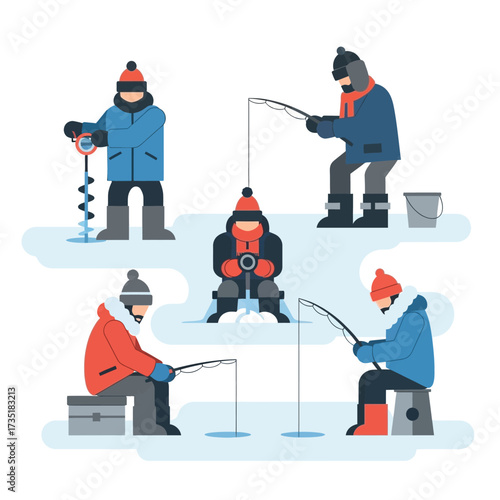 Five people ice fishing on a frozen lake, wearing winter clothing and using various tools and techniques.
