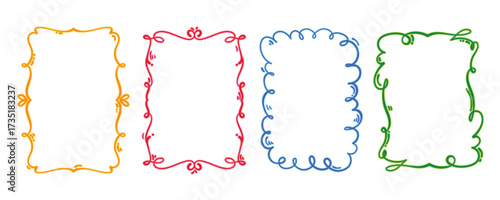 Colorful Doodle Frame Collection With Neon Effect in Flat Style. Elegant yellow, red, blue, and green ornamental borders with curls and swirls. Perfect for invitations, greeting cards, posters