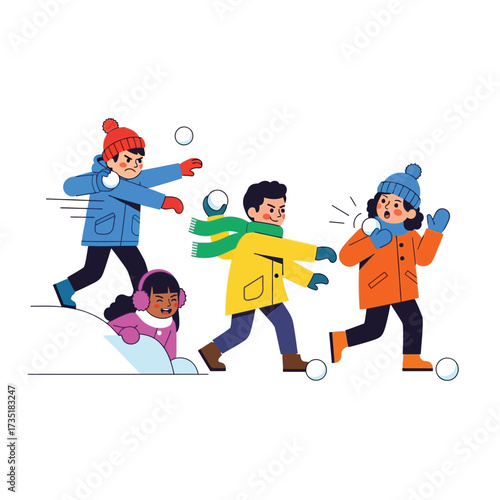 Four children playing in the snow, throwing snowballs and having fun during a winter day.