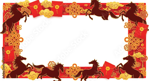 A festive rectangular border design featuring prancing horses, lucky red envelopes, and golden decorative elements.