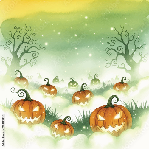 Watercolor illustration of carved pumpkins with glowing eyes in a spooky, misty landscape.