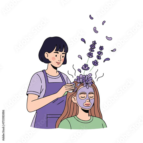 A beautician applying a lavender-infused treatment to a relaxed client's hair and face.