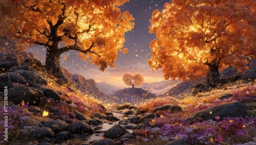 A luminous autumnal landscape with glowing trees and wildflowers.
