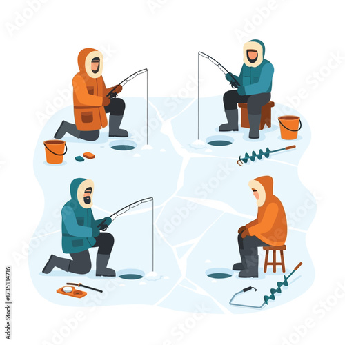 Four individuals ice fishing on a frozen lake, enjoying the winter weather.