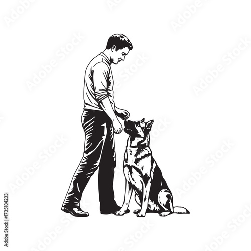 Man Training a German Shepherd Dog Black and White Sketch