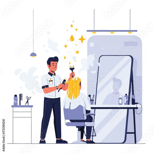 A hairstylist expertly styling a client's blonde hair in a modern salon setting, with a large mirror.