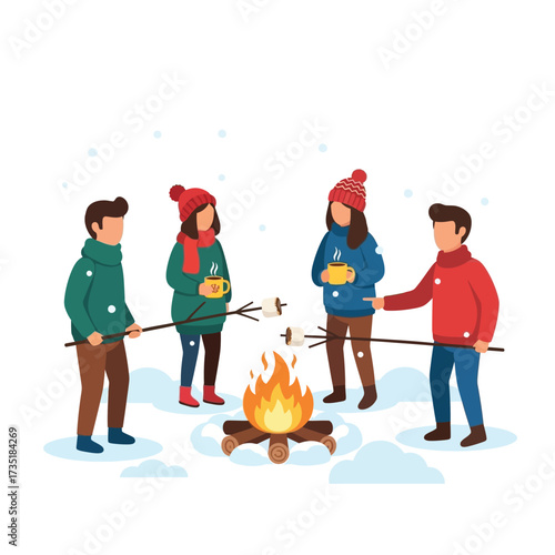 Four figures gather around a campfire roasting marshmallows in a snowy scene.