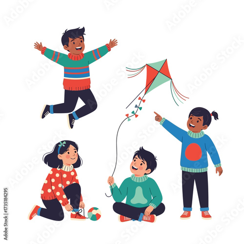 Four happy children playing with a kite and other activities in a cheerful illustration.