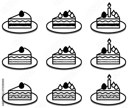 様々な形の美味しそうなケーキアイコンのベクターイラストセット