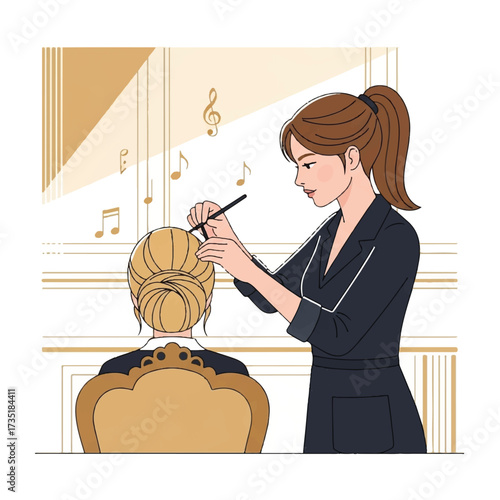 A stylist meticulously arranging the hairstyle of a woman seated in a luxurious setting, with musical notes.
