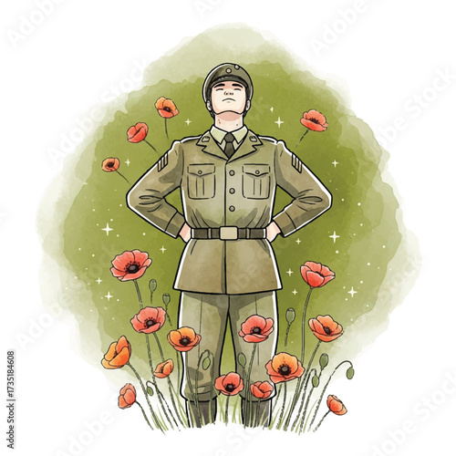 A soldier stands proudly amidst vibrant red poppies, a symbol of remembrance and honor.