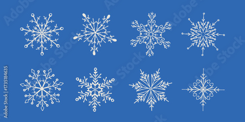 Hand-Drawn Snowflake Collection in Winter Doodle Style. White decorative snow crystals on a blue background, perfect for Christmas cards, holiday invitations, seasonal posters, gift tags, scrapbooking