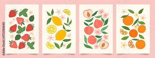 Abstract fruity illustrations with strawberries lemons and peaches on a pink background