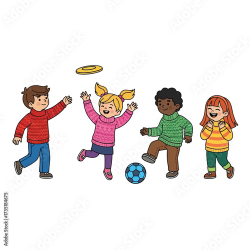Four children of diverse ethnicities are playing together with a frisbee and a soccer ball, smiling and having fun.