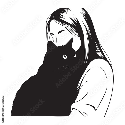 Woman hugging a black cat illustration embrace