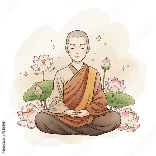 Illustration of a meditating monk surrounded by blooming lotus flowers, peaceful and serene.
