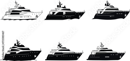Luxury yacht silhouettes, modern cruise ships, motorboat design, sailing vessel illustration, nautical transport graphic, ocean travel vector, marine boat icons
