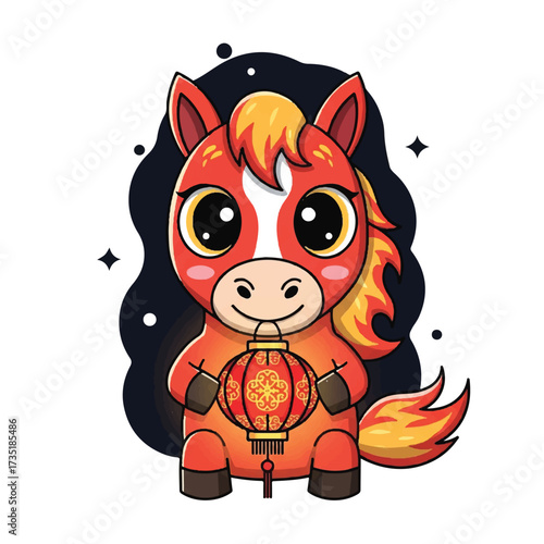 A charming cartoon horse with big eyes holding a traditional Chinese lantern.