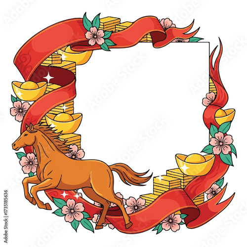Animated illustration of a running horse with gold ingots and festive red ribbon frame.
