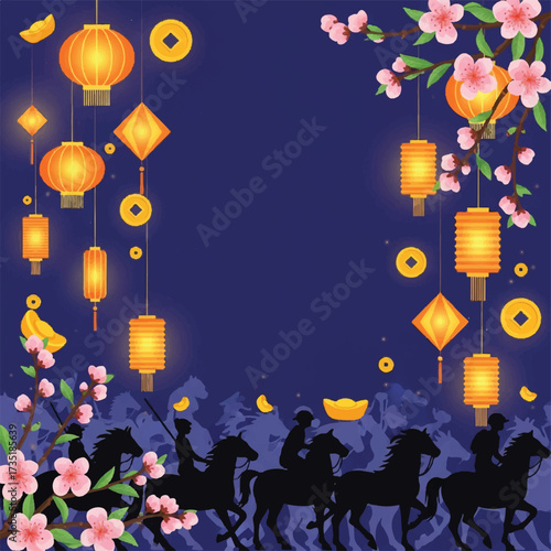 Festive illustration with lanterns, cherry blossoms, coins, and riders on horseback against a dark blue background.