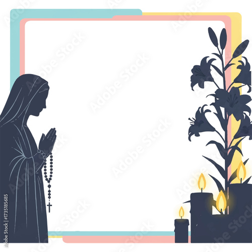 Silhouette of praying woman with rosary, lilies, and candles inside a frame.