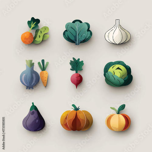 A collection of vibrant watercolor style vegetables featuring carrots lettuce garlic cabbage and pumpkin arranged neatly on a neutral background