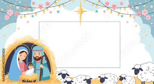 A festive illustration depicts the Nativity scene with Mary, Joseph, and baby Jesus, surrounded by sheep.
