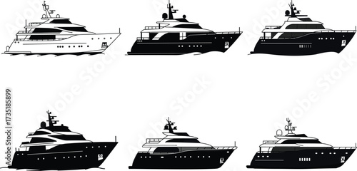 Luxury yacht vector illustration, modern cruise ship silhouette, sea vessel graphic, nautical transport design, marine travel art, sailing boat icons