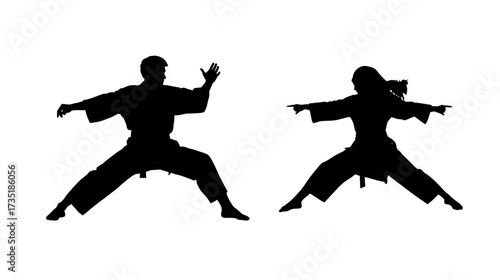 Silhouette of kung fu movements in black vector illustration of an athlete during a sports competition