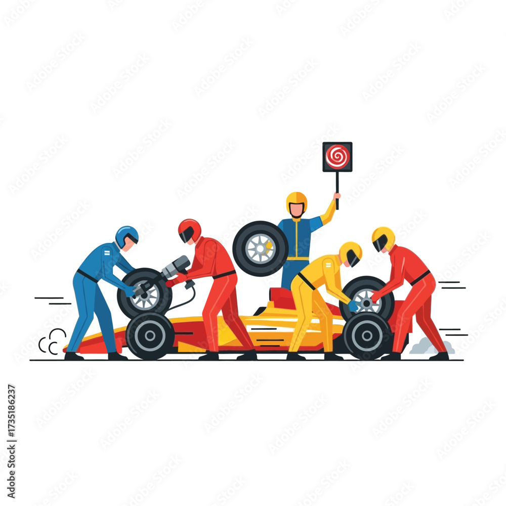 Obraz premium Pit crew servicing a race car during a race, changing tires and signaling.