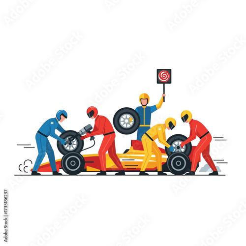 Pit crew servicing a race car during a race, changing tires and signaling.