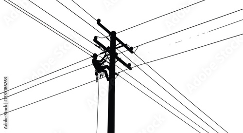 Electric lineman, power line repair, utility pole worker, electricity maintenance, energy distribution, safety harness, climbing pole, electrical service, cable repair, silhouette illustration