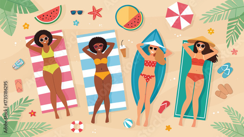 Flat vector illustration of women relaxing on beach with towels and summer items

