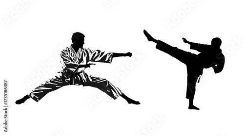 Black vector illustration of a karate man silhouette in action for sport and fitness art