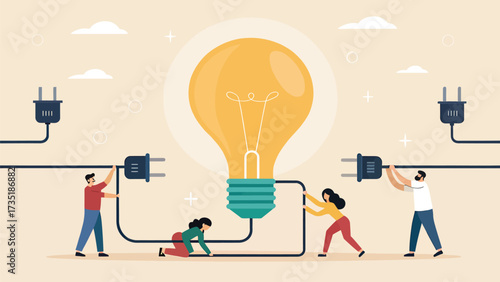 Flat vector illustration of people connecting plugs to light bulb idea
